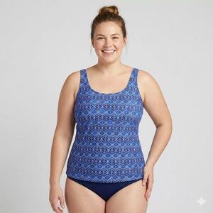 LL Bean Women's 14 REG Blue Geometric Pointillism Tankini Top Swimsuit UPF 50+